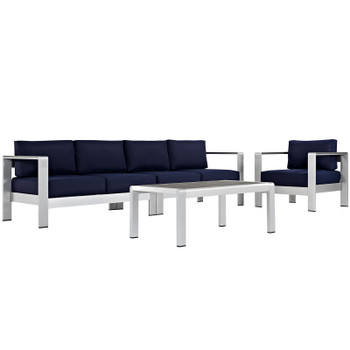 Modway Shore 4 Piece Outdoor Patio Aluminum Sectional Sofa Set EEI-2563-SLV-NAV Silver Navy