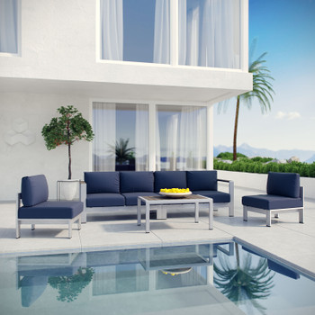 Modway Shore 5 Piece Outdoor Patio Aluminum Sectional Sofa Set EEI-2564-SLV-NAV Silver Navy