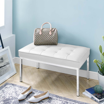 Modway Loft Tufted Medium Upholstered Faux Leather Bench EEI-3400-SLV-WHI Silver White