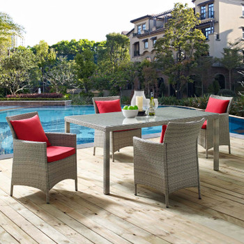 Modway Conduit 5 Piece Outdoor Patio Wicker Rattan Dining Set EEI-3894-LGR-RED-SET Light Gray Red