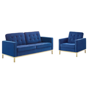 Modway Loft Gold Stainless Steel Leg Performance Velvet Loveseat and Armchair Set EEI-4095-GLD-NAV-SET Gold Navy