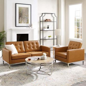 Modway Loft Tufted Upholstered Faux Leather Loveseat and Armchair Set EEI-4102-SLV-TAN-SET Silver Tan