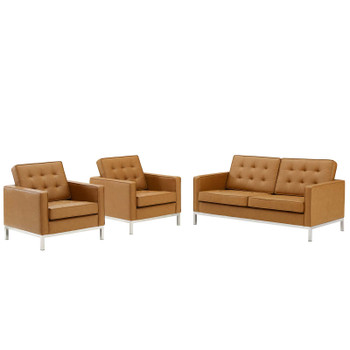 Modway Loft 3 Piece Tufted Upholstered Faux Leather Set EEI-4103-SLV-TAN-SET Silver Tan