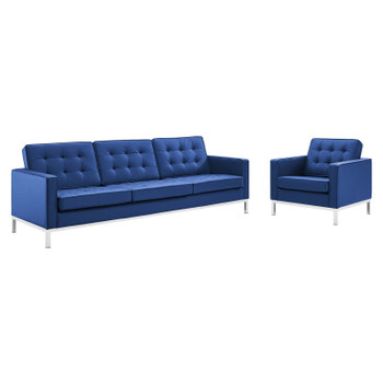 Modway Loft Tufted Upholstered Faux Leather Sofa and Armchair Set EEI-4104-SLV-NAV-SET Silver Navy