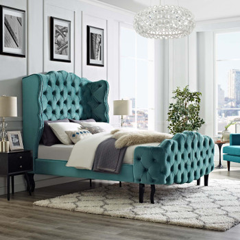 Modway Violette Queen Tufted Wingback Performance Velvet Platform Bed MOD-5804-SEA Sea Blue