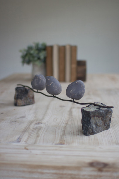 SET OF THREE CLAY BIRDS ON A WIRE W/STONE BASE - 23"L x 4"W x 5.50"H