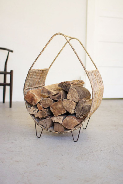 Woven Rush and Metal Firewood Rack with Tall Handle - A5978