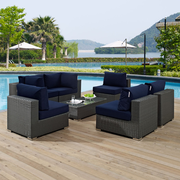 Modway Sojourn 7 Piece Outdoor Patio Sunbrella® Sectional Set in Canvas Navy - EEI-1883-CHC-NAV-SET