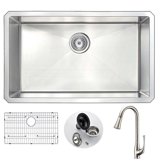 ANZZI VANGUARD Undermount 30 in. Single Bowl Kitchen Sink with Singer Faucet in Brushed Nickel