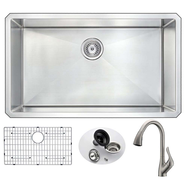 ANZZI VANGUARD Undermount 32 in. Single Bowl Kitchen Sink with Accent Faucet in Brushed Nickel