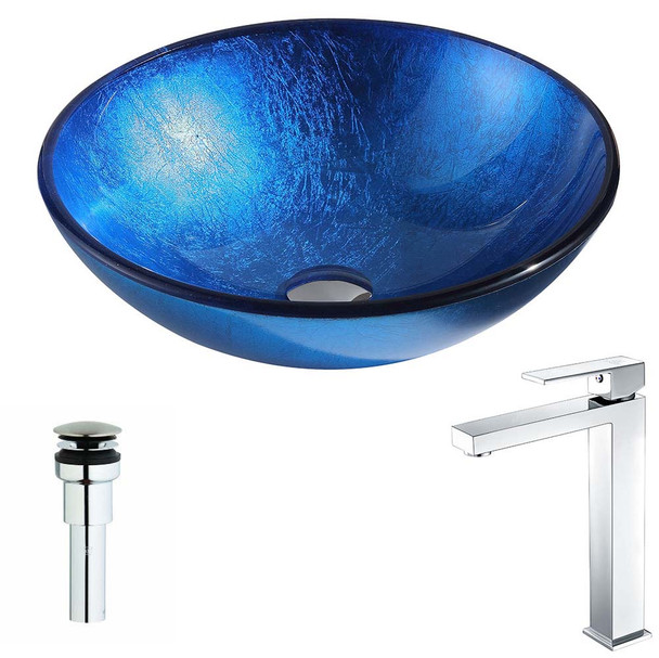 ANZZI Clavier Series Deco-Glass Vessel Sink in Lustrous Blue with Enti Faucet in Chrome LSAZ027-096