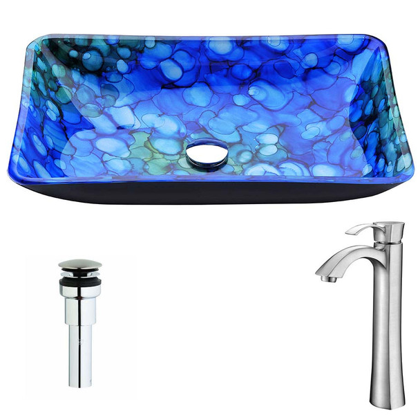 ANZZI Voce Series Deco-Glass Vessel Sink in Lustrous Blue with Harmony Faucet in Brushed Nickel
