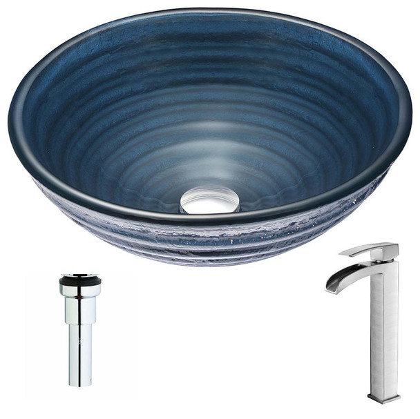 ANZZI Tempo Series Deco-Glass Vessel Sink in Coiled Blue with Key Faucet in Brushed Nickel LSAZ042-097B