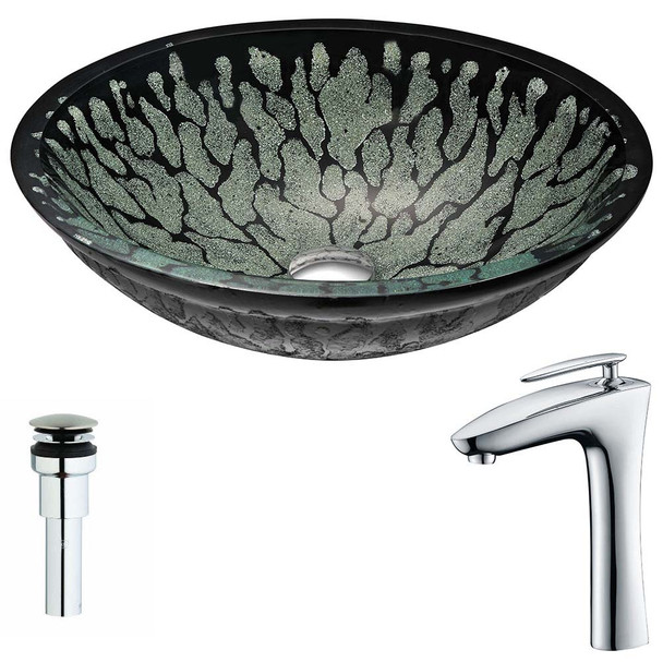 ANZZI Bravo Series Deco-Glass Vessel Sink in Lustrous Black with Crown Faucet in Chrome