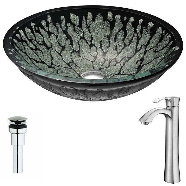 ANZZI Bravo Series Deco-Glass Vessel Sink in Lustrous Black with Harmony Faucet in Brushed Nickel