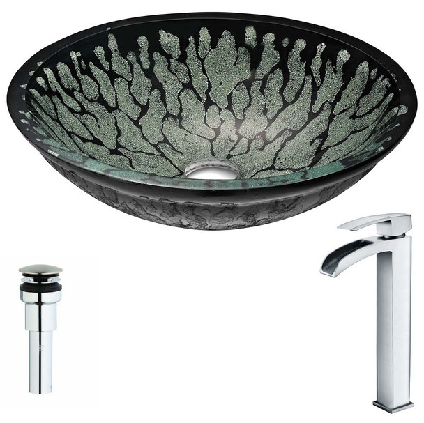 ANZZI Bravo Series Deco-Glass Vessel Sink in Lustrous Black with Key Faucet in Polished Chrome