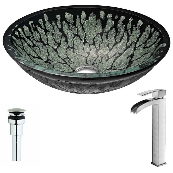 ANZZI Bravo Series Deco-Glass Vessel Sink in Lustrous Black with Key Faucet in Brushed Nickel