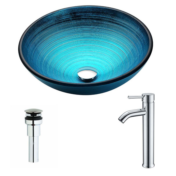 ANZZI Enti Series Deco-Glass Vessel Sink in Lustrous Blue with Fann Faucet in Chrome LSAZ045-041