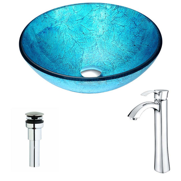 ANZZI Accent Series Deco-Glass Vessel Sink in Blue Ice with Harmony Faucet in Chrome LSAZ047-095