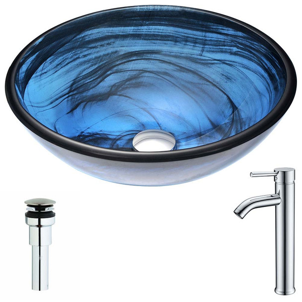 ANZZI Soave Series Deco-Glass Vessel Sink in Sapphire Wisp with Fann Faucet in Chrome LSAZ048-041