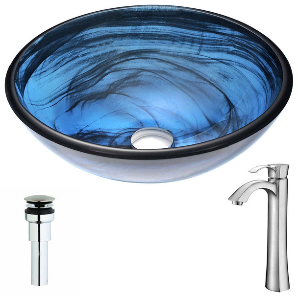 ANZZI Soave Series Deco-Glass Vessel Sink in Sapphire Wisp with Harmony Faucet in Brushed Nickel LSAZ048-095B