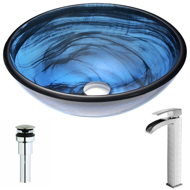 ANZZI Soave Series Deco-Glass Vessel Sink in Sapphire Wisp with Key Faucet in Polished Chrome LSAZ048-097