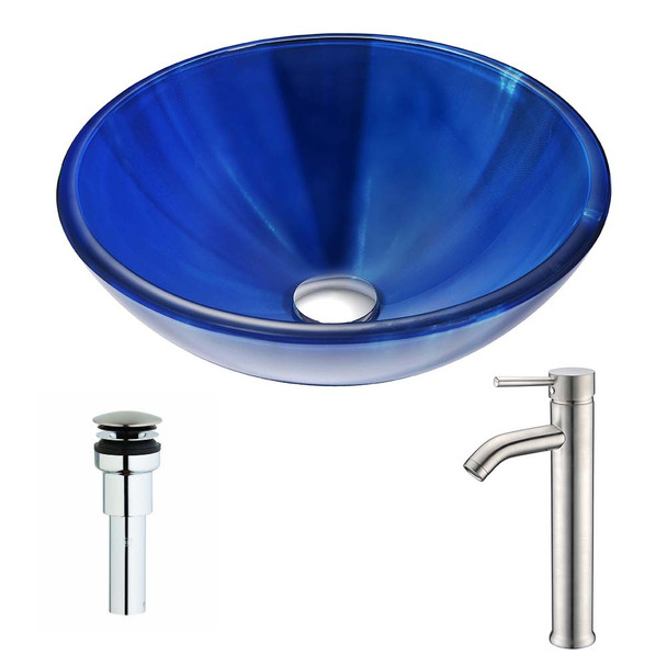 ANZZI Meno Series Deco-Glass Vessel Sink in Lustrous Blue with Fann Faucet in Brushed Nickel