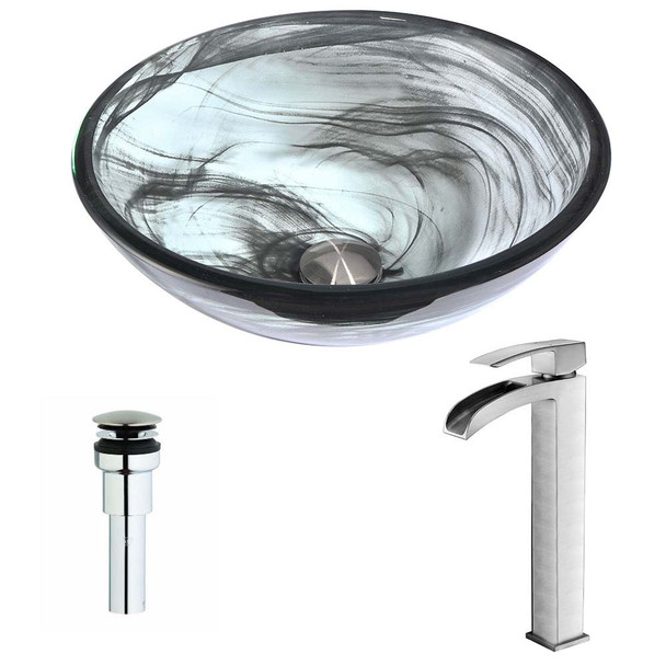 ANZZI Mezzo Series Deco-Glass Vessel Sink in Slumber Wisp with Key Faucet in Brushed Nickel