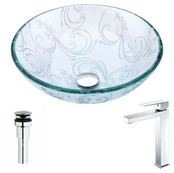 ANZZI Vieno Series Deco-Glass Vessel Sink in Crystal Clear Floral with Enti Faucet in Chrome