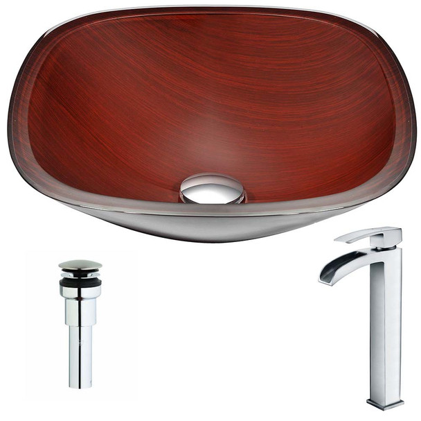 ANZZI Cansa Series Deco-Glass Vessel Sink in Rich Timber with Key Faucet in Polished Chrome