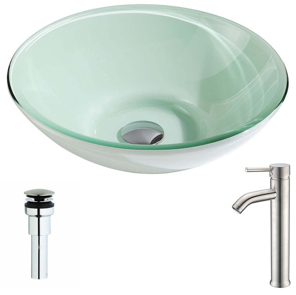 ANZZI Sonata Series Deco-Glass Vessel Sink in Lustrous Light Green with Fann Faucet in Brushed Nickel