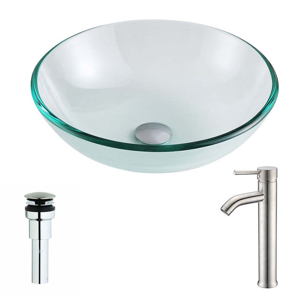 ANZZI Etude Series Deco-Glass Vessel Sink in Lustrous Clear with Fann Faucet in Brushed Nickel