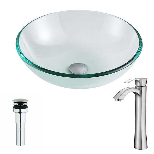 ANZZI Etude Series Deco-Glass Vessel Sink in Lustrous Clear Finish with Harmony Faucet in Brushed Nickel