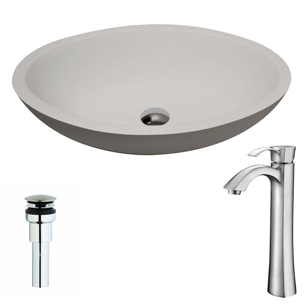 ANZZI Maine Series 1-Piece Man Made Stone Vessel Sink in Matte White with Harmony Faucet in Brushed Nickel