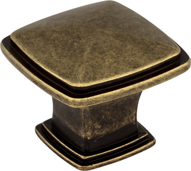 Jeffrey Alexander 1-3/16" Overall Length Lightly Distressed Antique Brass Square Milan 1 Cabinet Knob 1091AEM