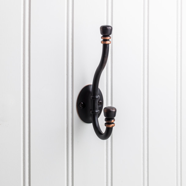 Elements 5-3/16" Brushed Oil Rubbed Bronze Ringed Contemporary Double Prong Wall Mounted Hook YD50-518DBAC