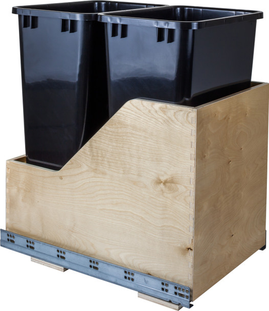 Hardware Resources Double 50 Quart Wood Bottom-Mount Soft-close Trashcan Rollout for Hinged Doors, Includes Black Cans CAN-WBMD50B