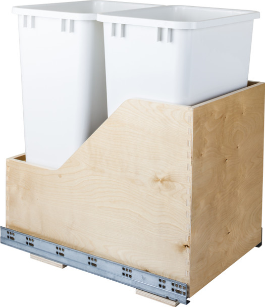 Hardware Resources Double 50 Quart Wood Bottom-Mount Soft-close Trashcan Rollout for Hinged Doors, Includes White Cans CAN-WBMD50WH