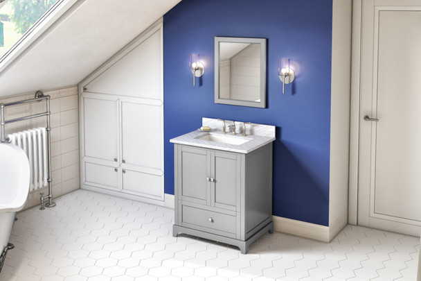 Jeffrey Alexander 30" Grey Addington Vanity, White Carrara Marble Vanity Top, undermount rectangle bowl VKITADD30GRWCR