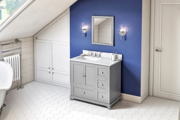 Jeffrey Alexander 36" Grey Addington Vanity, left offset, White Carrara Marble Vanity Top, undermount rectangle bowl VKITADD36GRWCR