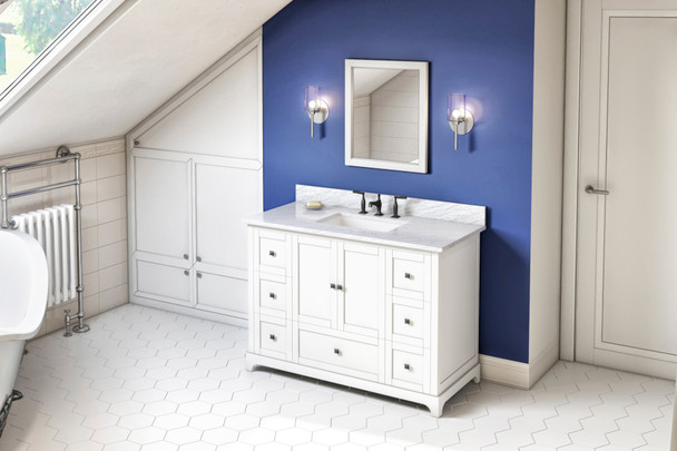 Jeffrey Alexander 48" White Addington Vanity, White Carrara Marble Vanity Top, undermount rectangle bowl VKITADD48WHWCR