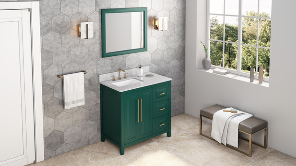 Jeffrey Alexander 36" Forest Green Cade Vanity, left offset, White Carrara Marble Vanity Top, undermount rectangle bowl VKITCAD36GNWCR