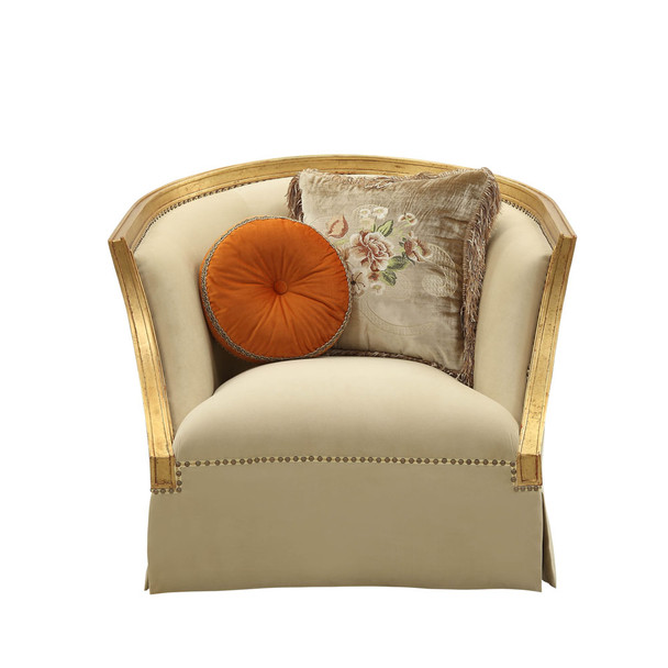 ACME Daesha Chair w/2 Pillows, Tan Flannel & Antique Gold