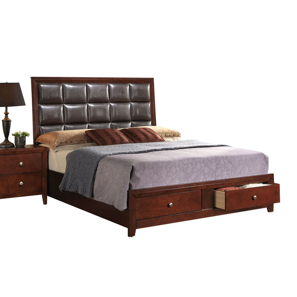 ACME Ilana Queen Bed w/Storage, Brown PU & Brown Cherry, (1Set/3Ctn)