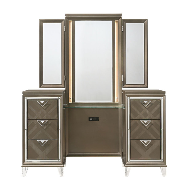 ACME Skylar Vanity Desk & Mirror, LED & Dark Champagne