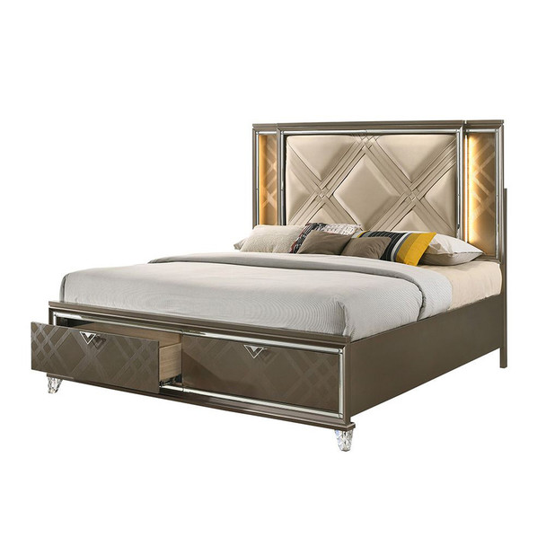 ACME Skylar Full Bed w/Storage, LED, PU & Dark Champagne