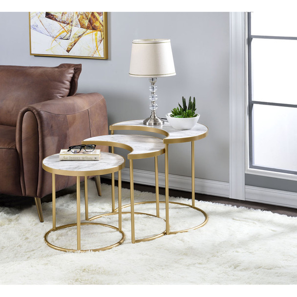 ACME 85390 Anpay 3 Piece Pack Nesting Tables, Faux Marble & Gold