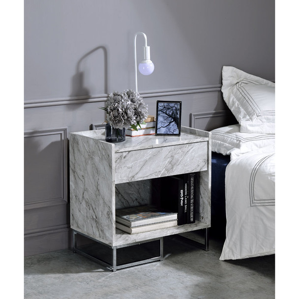 ACME 97865 Azrael Accent Table, White Printed Faux Marble & Chrome Finish