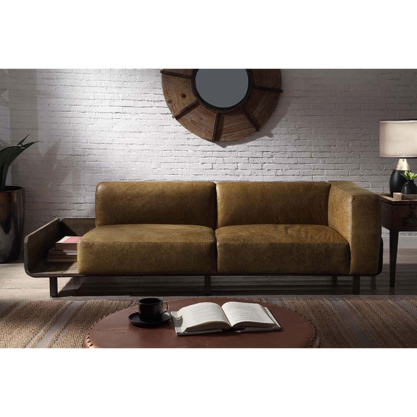 ACME 56500 Blanca Sofa, Chestnut Top Grain Leather & Rustic Oak