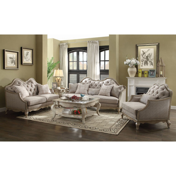 ACME Chelmsford Sofa w/5 Pillows, Beige Fabric & Antique Taupe